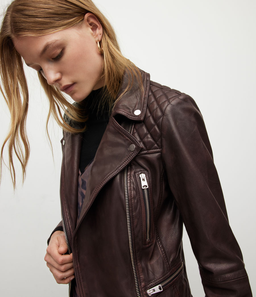 Women's Cargo Leather Biker Jacket (black_oxblood) - Image 5