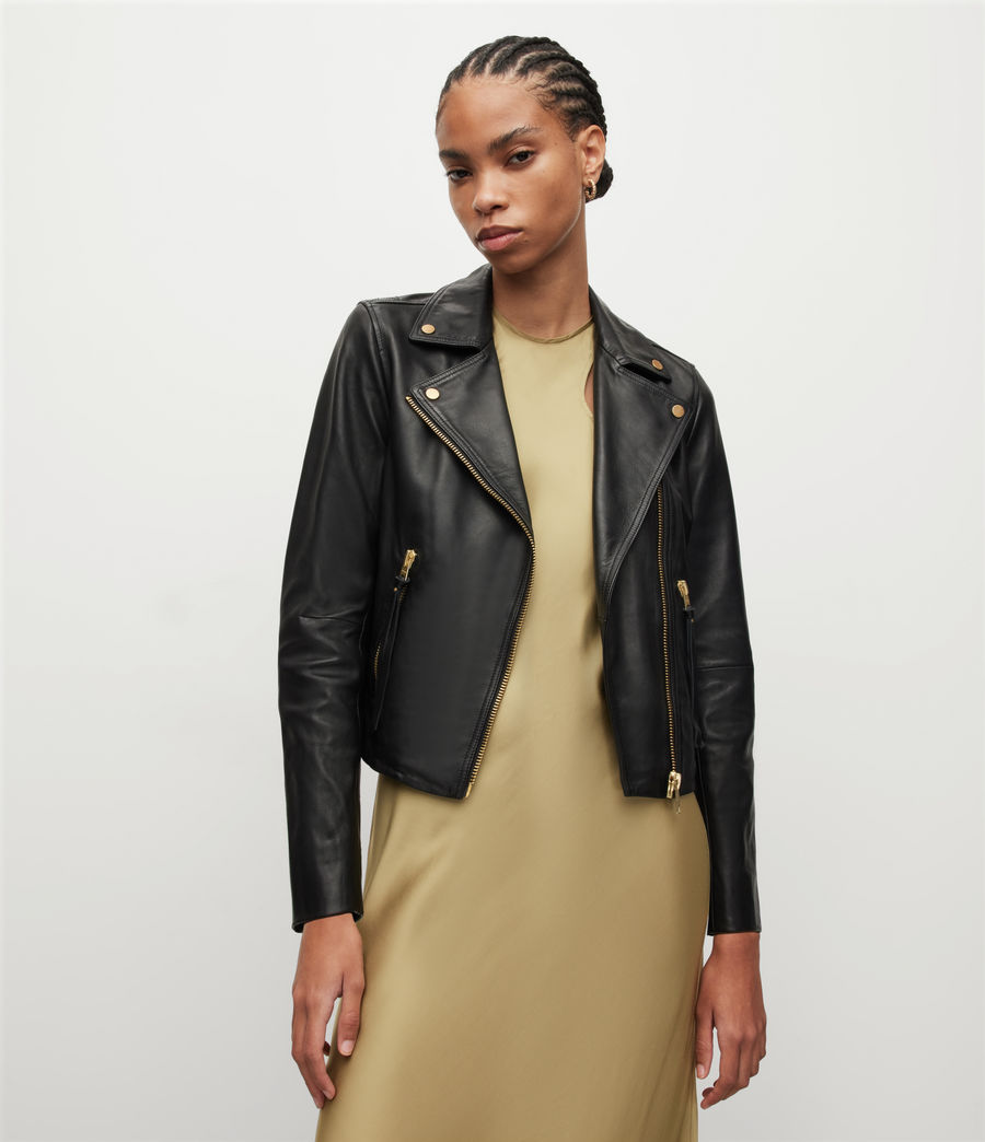 Women's Dalby Gold Leather Biker Jacket (black_gold) - Image 1