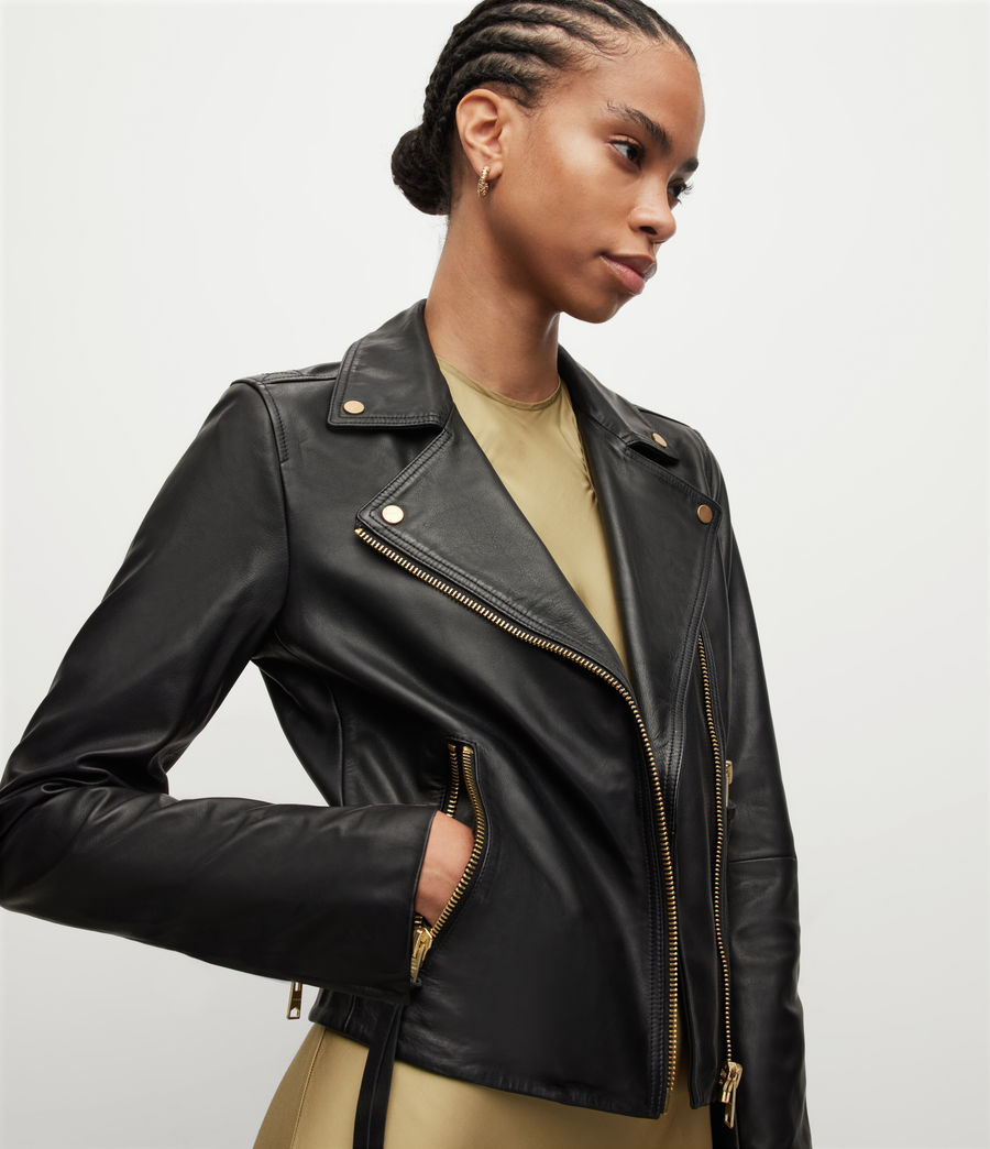 Womens Dalby Gold Leather Biker Jacket (black_gold) - Image 2