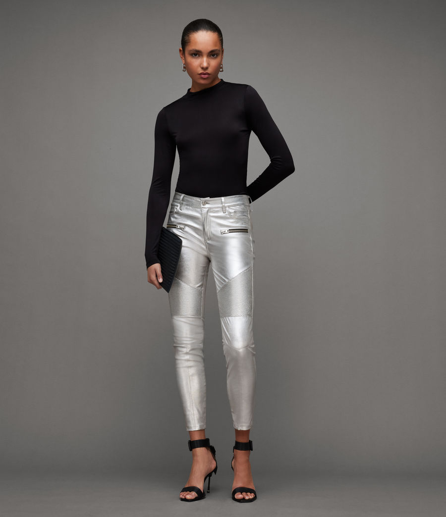 Womens Suri Metallic Coated Leather Biker Jeans (silver) - Image 1