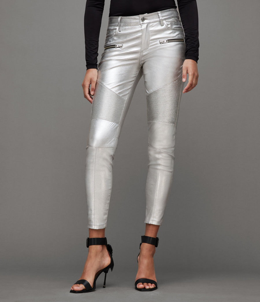 Womens Suri Metallic Coated Leather Biker Jeans (silver) - Image 2