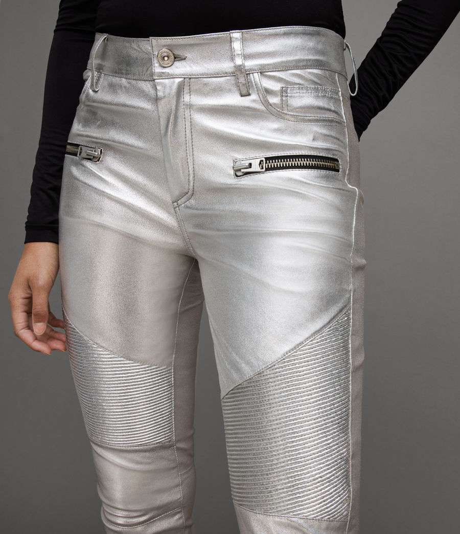 Womens Suri Metallic Coated Leather Biker Jeans (silver) - Image 3