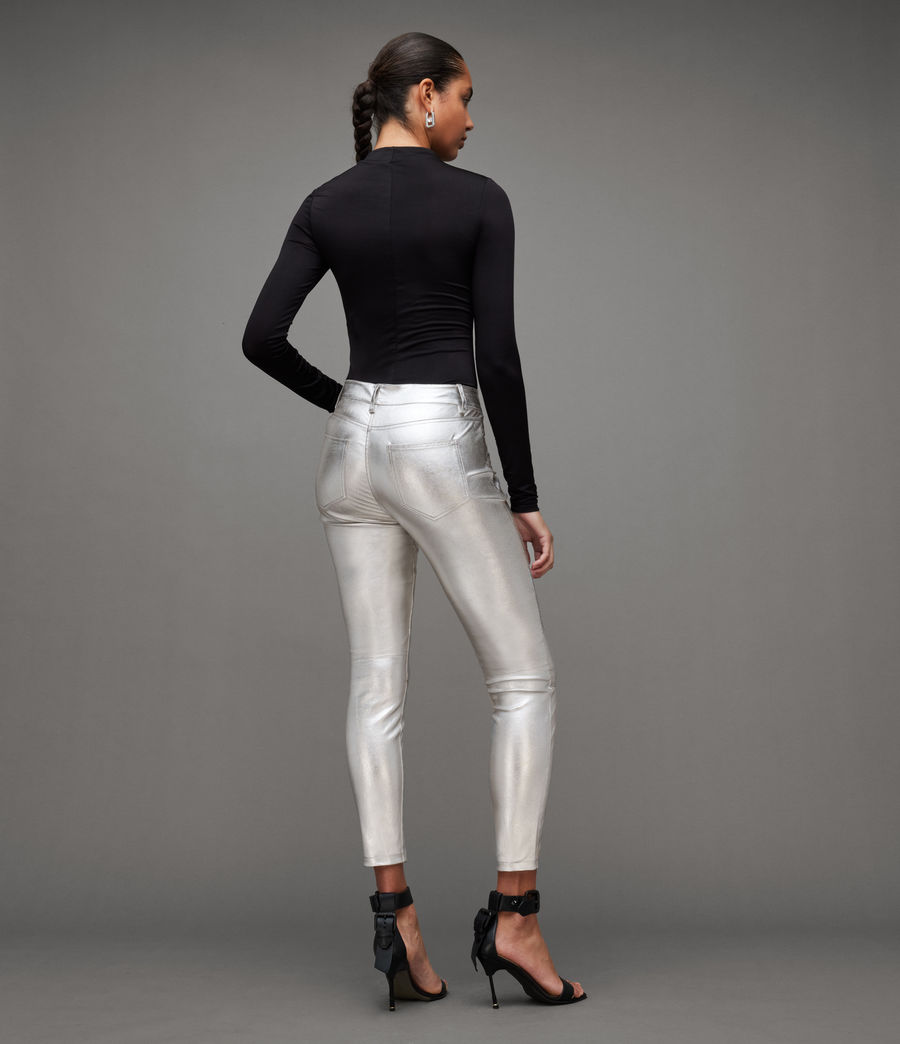 Womens Suri Metallic Coated Leather Biker Jeans (silver) - Image 6