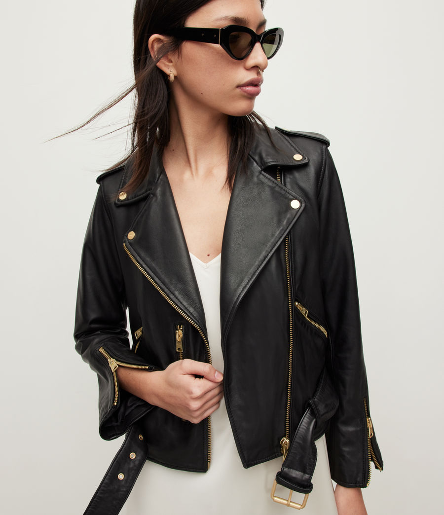 Damen Balfern Gold Leather Biker Jacket (black_gold) - Image 2