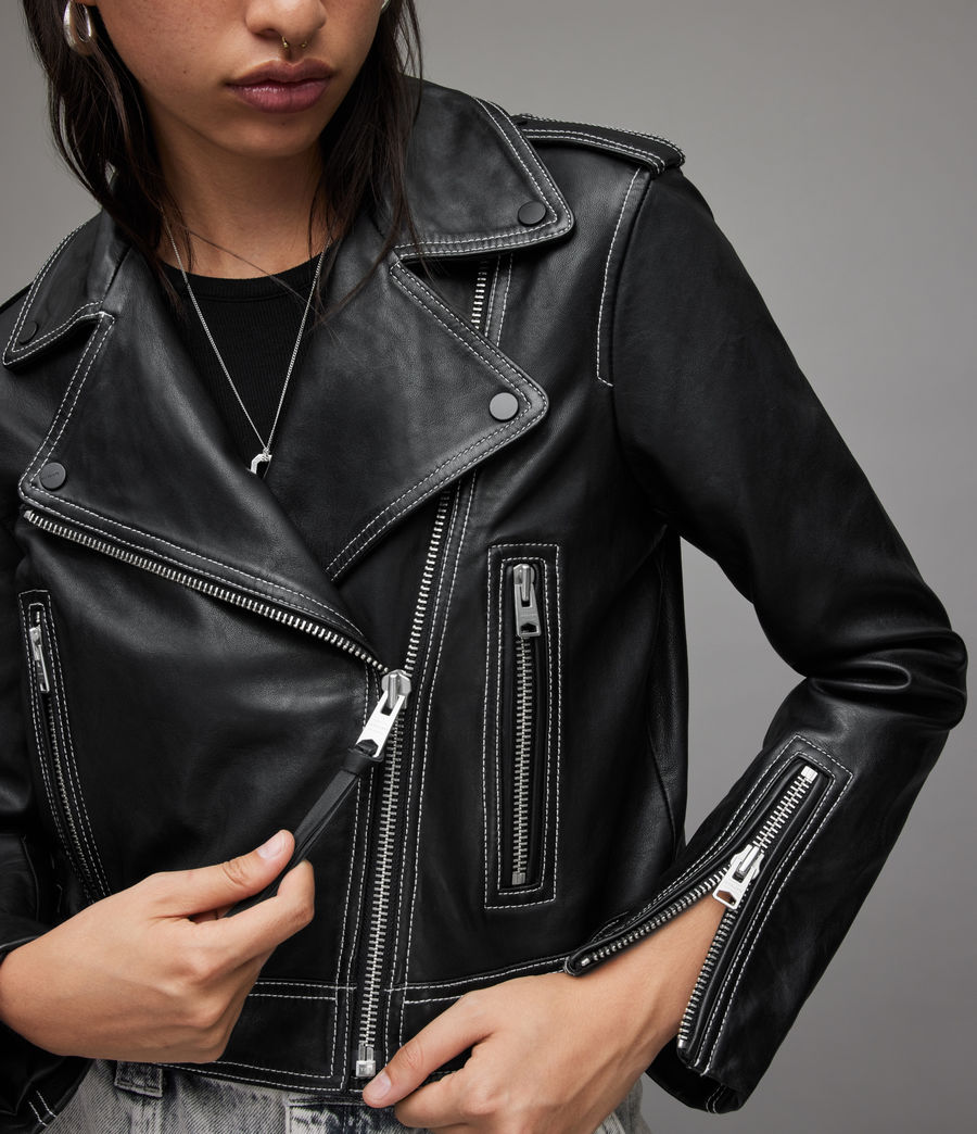 Women's Ayra Contrast Leather Biker Jacket (black) - Image 2