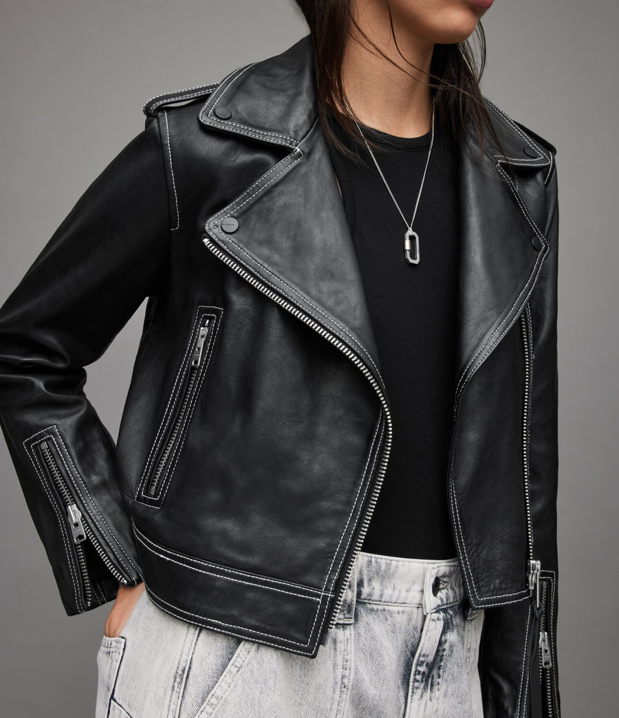 Women's Ayra Contrast Leather Biker Jacket (black) - Image 5