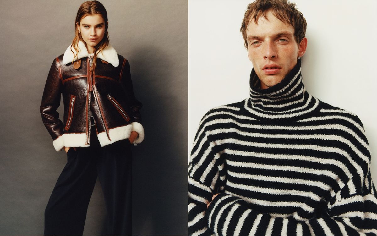 Two portraits of a woman and a man wearing outfits from our latest collection.