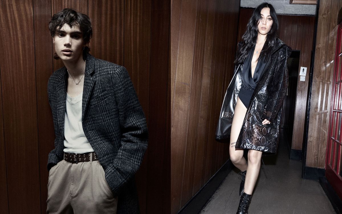 Two portraits of a woman and a man wearing outfits from our latest collection.