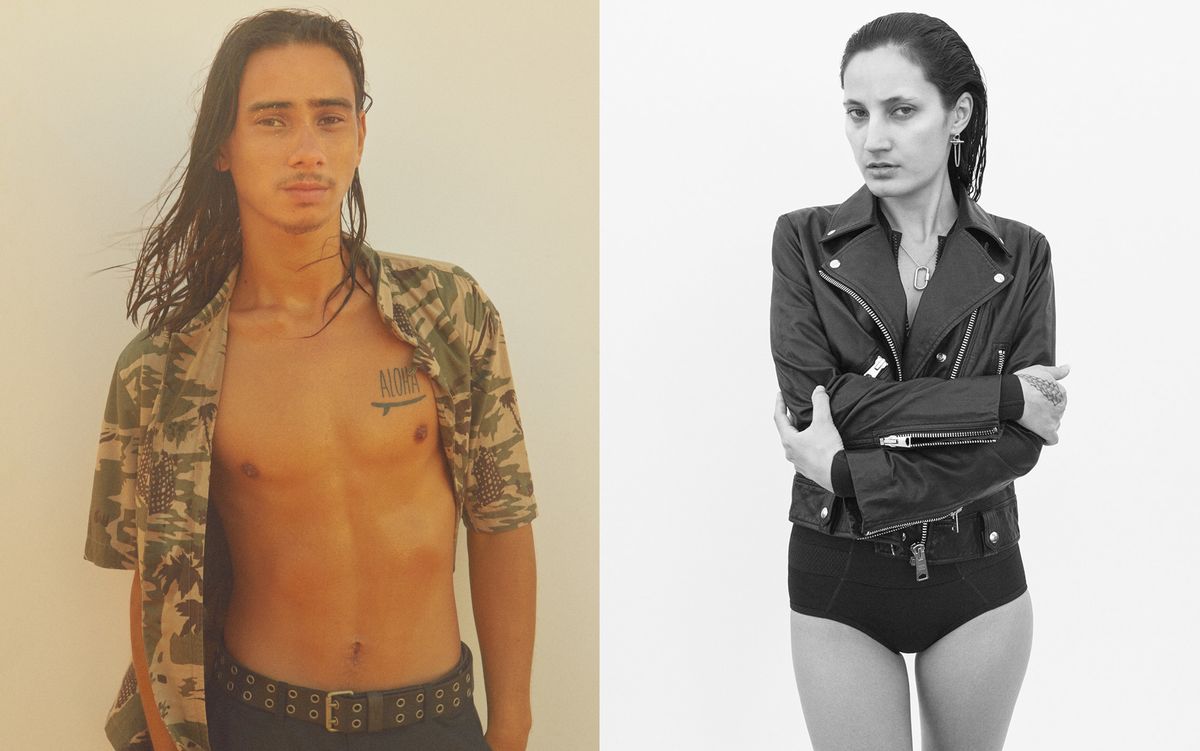 Two portraits of a woman and a man wearing outfits from our latest collection.