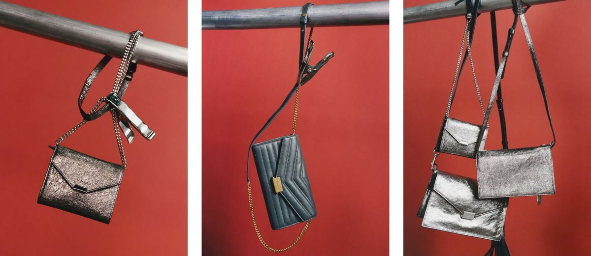 Three images of some of our new crossbody bags hanging in front of a red background.