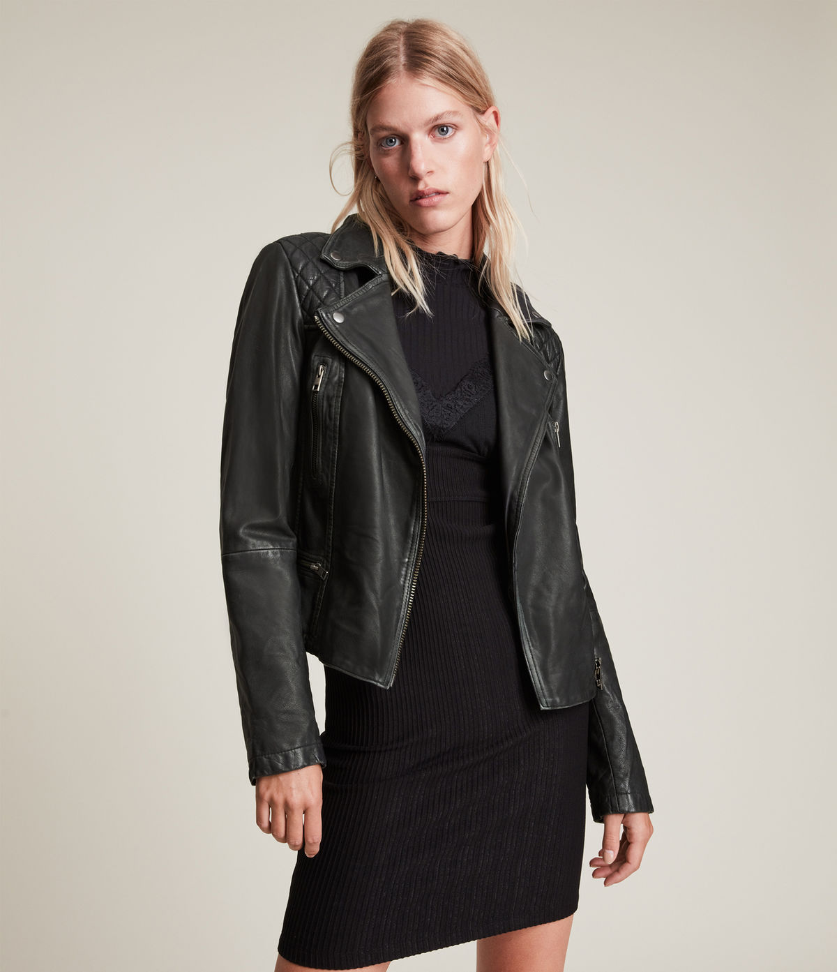 Women's Cargo Leather Jacket - Front View