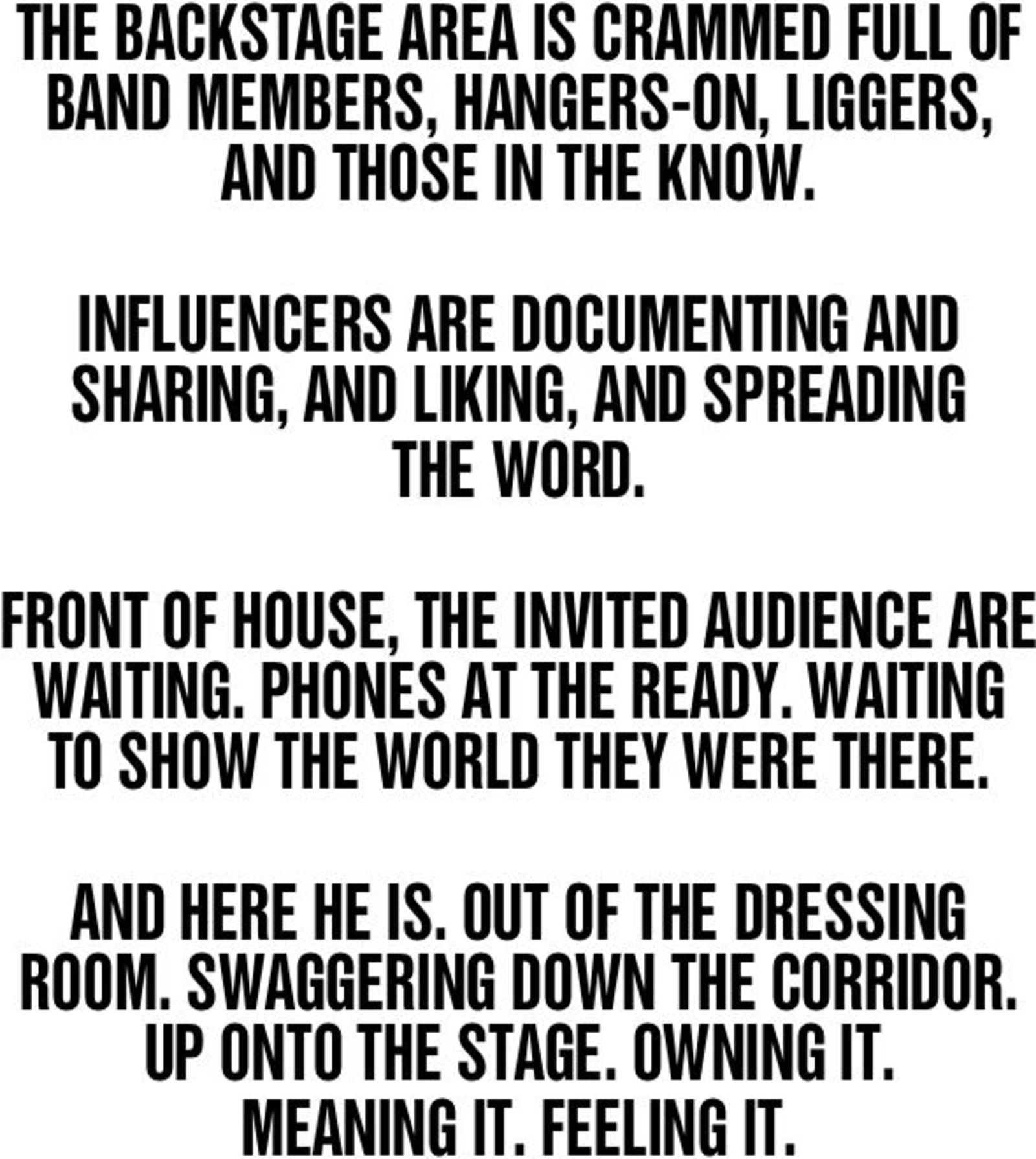 THE BACKSTAGE AREA IS CRAMMED FULL OF BAND MEMBERS, HANGERS-ON, LIGGERS, AND THOSE IN THE KNOW. INFLUENCERS ARE DOCUMENTING AND SHARING, AND LIKING, AND SPREADING THE WORD. FRONT OF HOUSE, THE INVITED AUDIENCE ARE WAITING. PHONES AT THE READY. WAITING TO SHOW THE WORLD THEY WERE THERE. AND HERE HE IS. OUT OF THE DRESSING ROOM. SWAGGERING DOWN THE CORRIDOR. UP ONTO THE STAGE. OWNING IT. MEANING IT. FEELING IT.