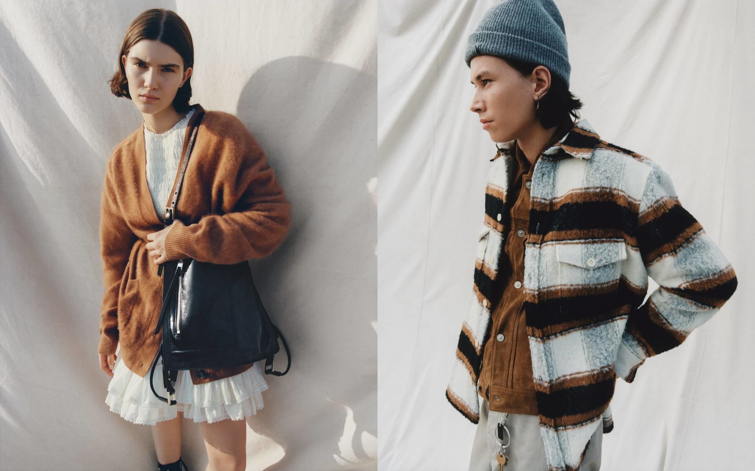Two portraits of a man and a woman wearing items from our latest collection.