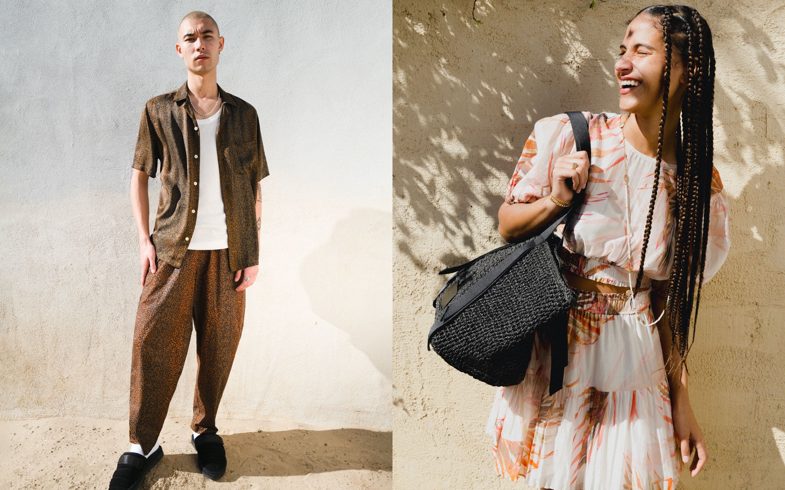 Two portraits of a man and a woman wearing items from our latest collection.