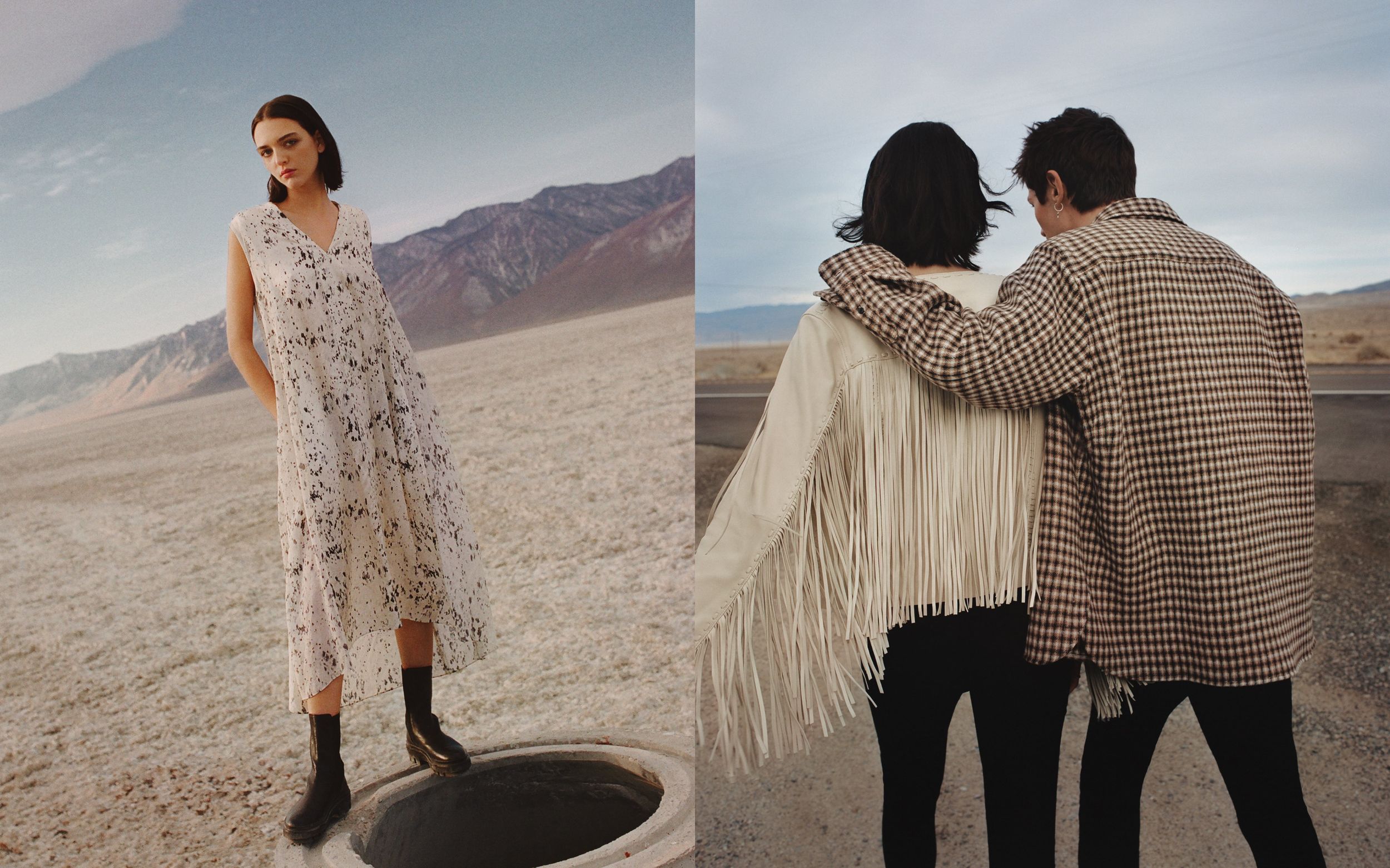 Two portraits of a woman and a man wearing items from our latest collection.