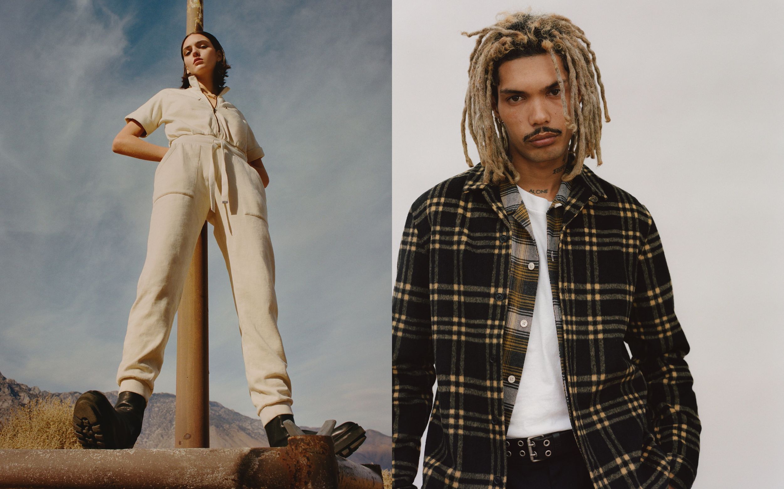 Two portraits of a man and a woman wearing items from our latest collection.