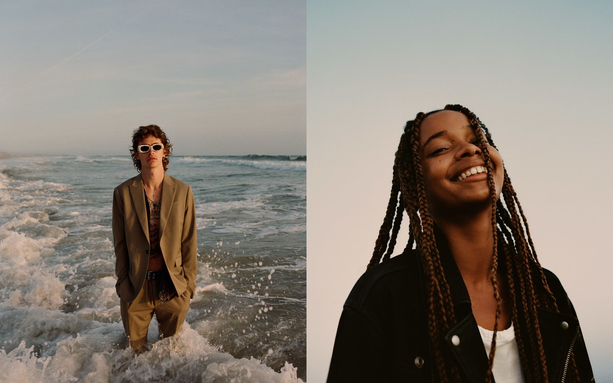 Two portraits of a man and a woman wearing items from our latest collection.