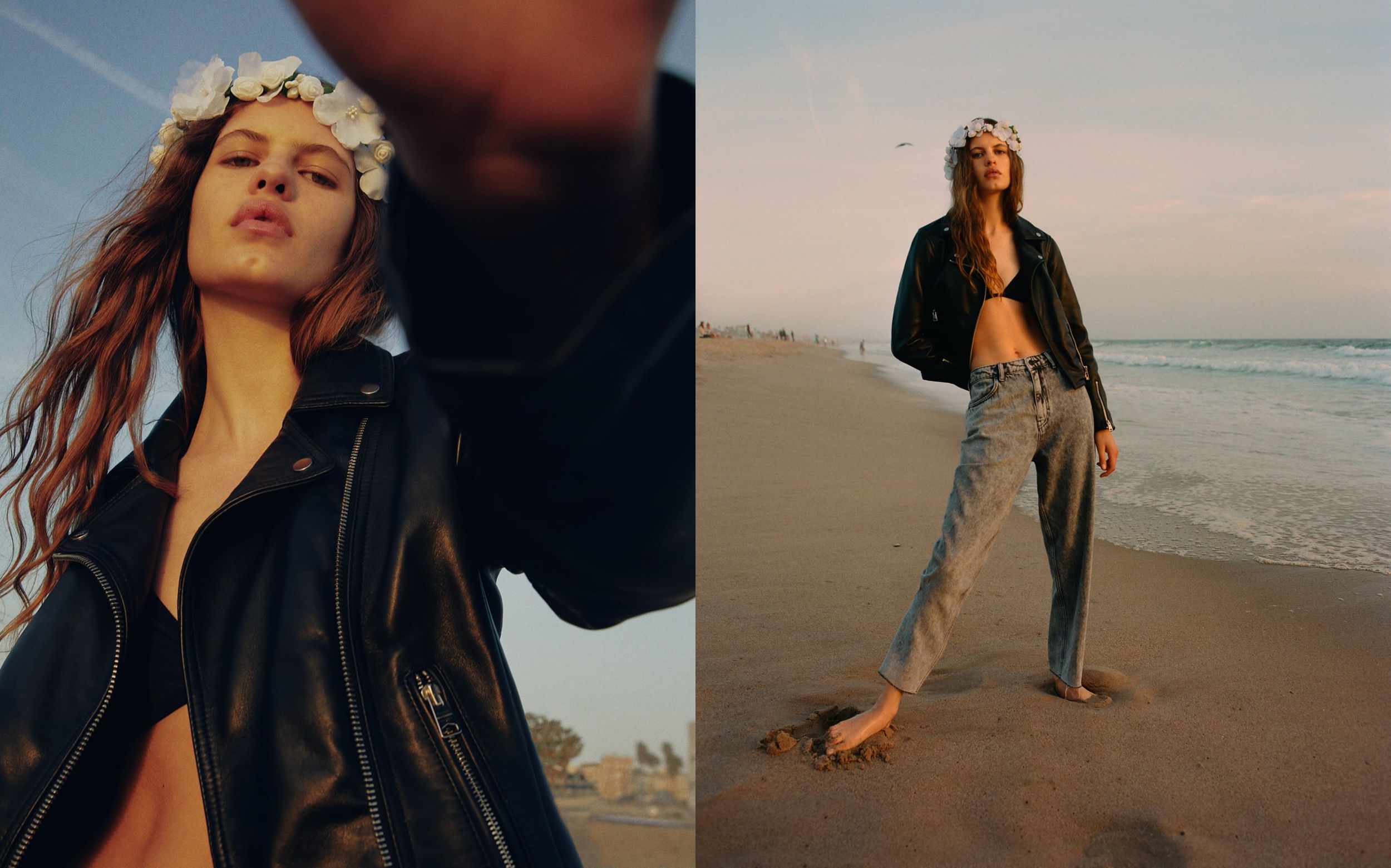 Two portraits of a woman and a man wearing items from our latest collection.