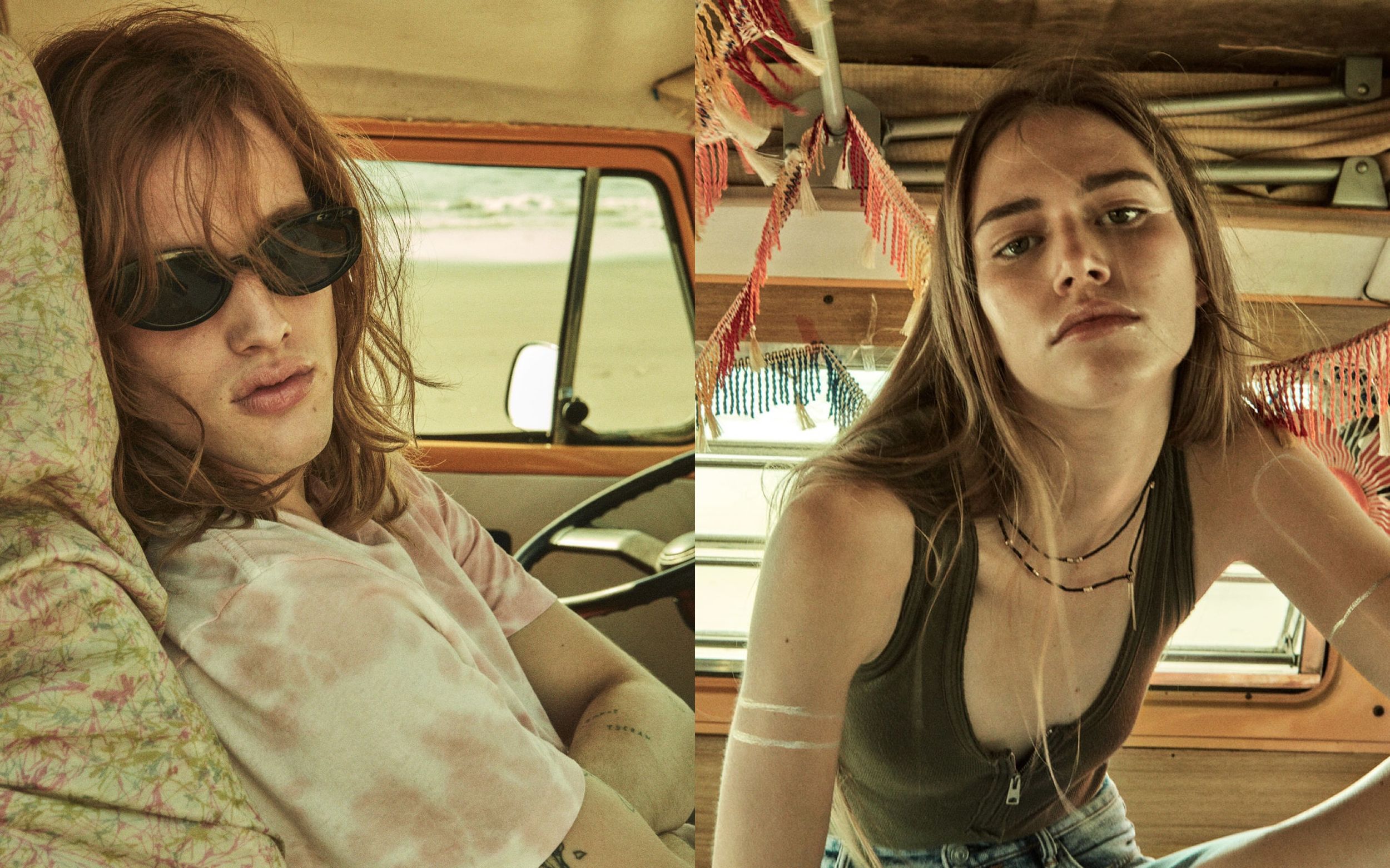 Two portraits of a woman and a man wearing items from our latest collection.