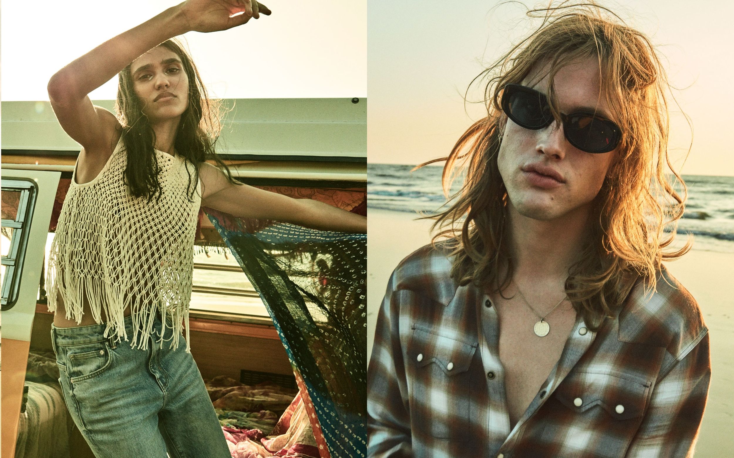 Two portraits of a man and a woman wearing items from our latest collection.