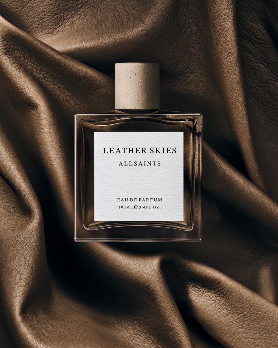 Product shot of the Leather Skies perfume bottle on a brown leather background.