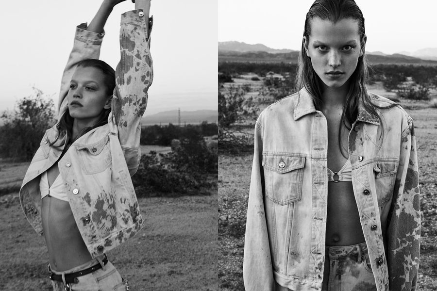 Two black and white portraits of a woman wearing a white bikini top under an acid-washed denim jacket and matching jeans.