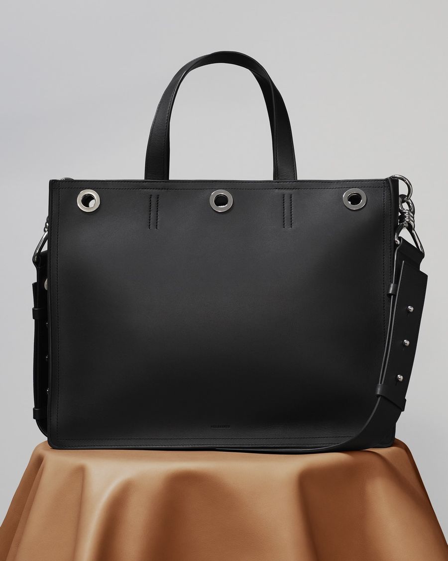 Image of our black leather Captain East West tote bag.
