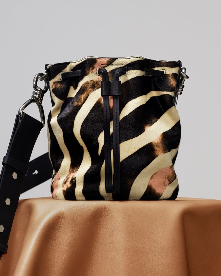 Image of our Captain Zebra printed bucket bag.